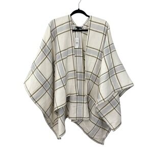 NWT Ann Taylor One Size‎ Cream Plaid Poncho Cape Wrap Sweater Knit Blanket Shawl
